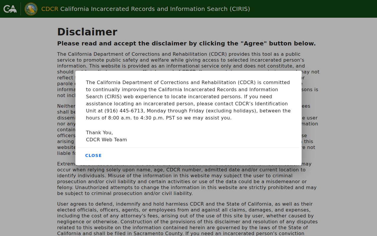 Lake County criminal record CDCR CIRIS custody search