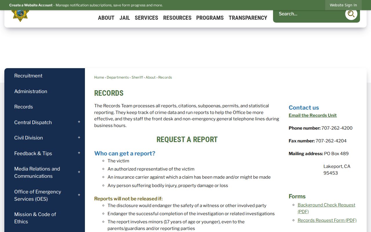 Lake County criminal history Sheriff's Records Unit page