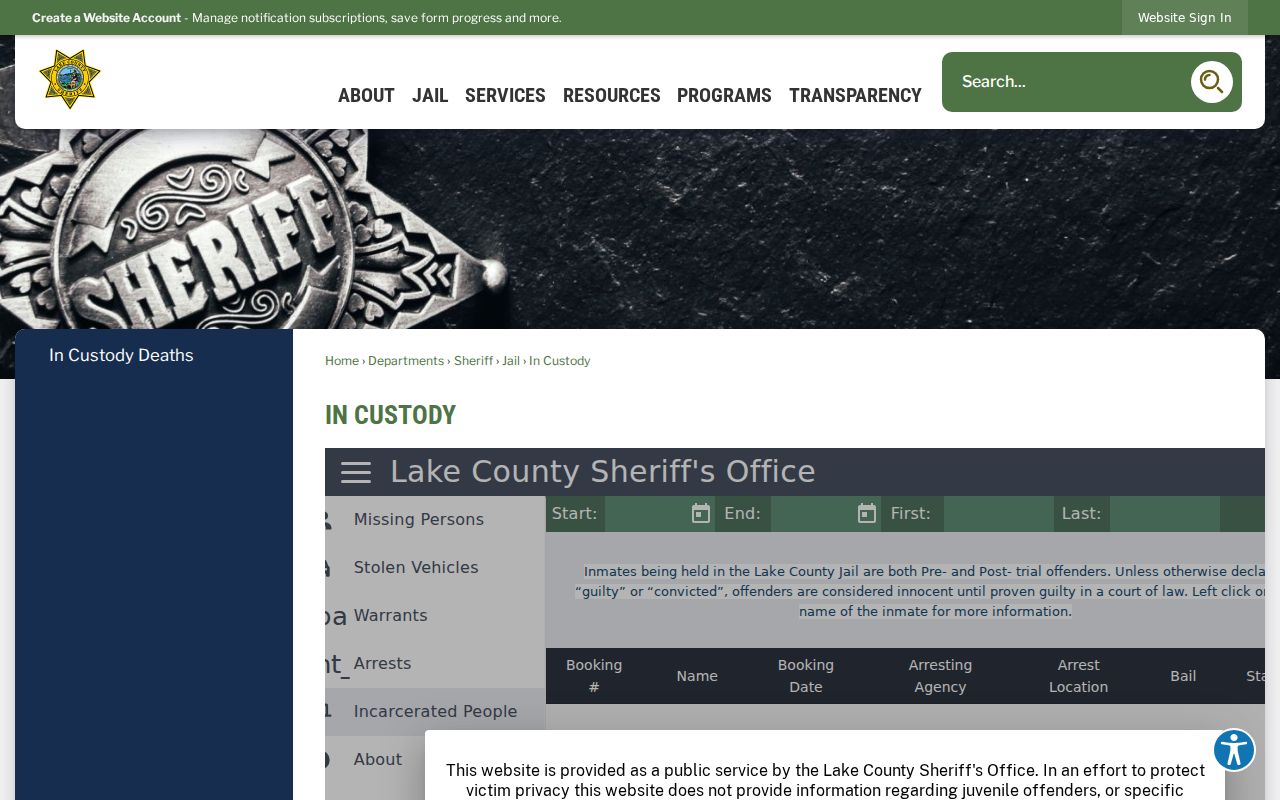 Lake County arrest lookup in-custody records