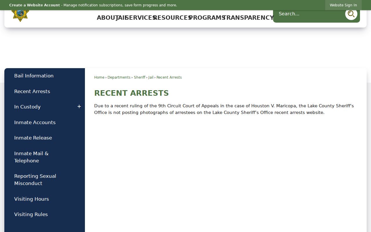 Lake County arrest lookup recent booking log