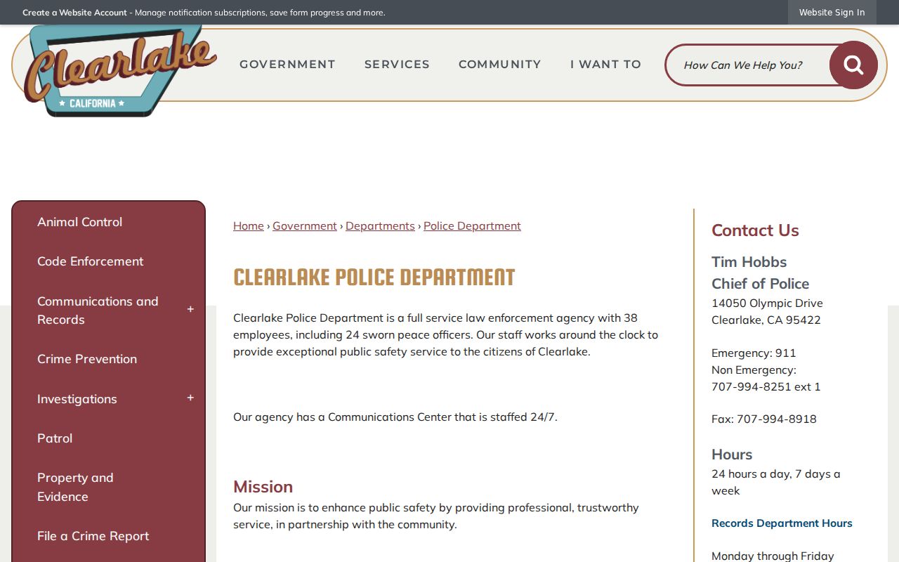 Clearlake Police Department contact and services page