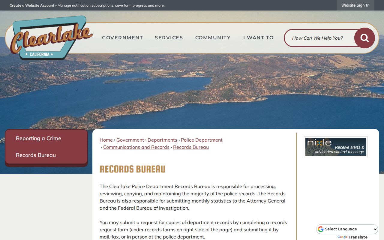 Clearlake Police Records Bureau report request information