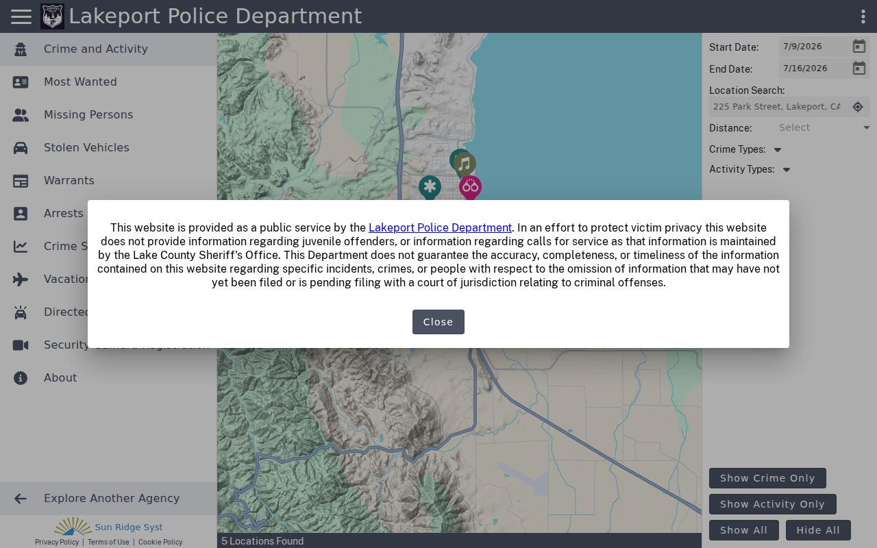Lakeport criminal records and crime activity in CrimeGraphics