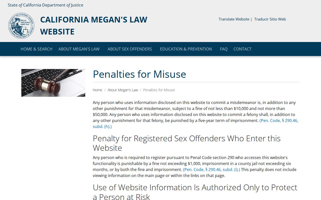 California Megan's Law penalties for misuse notice